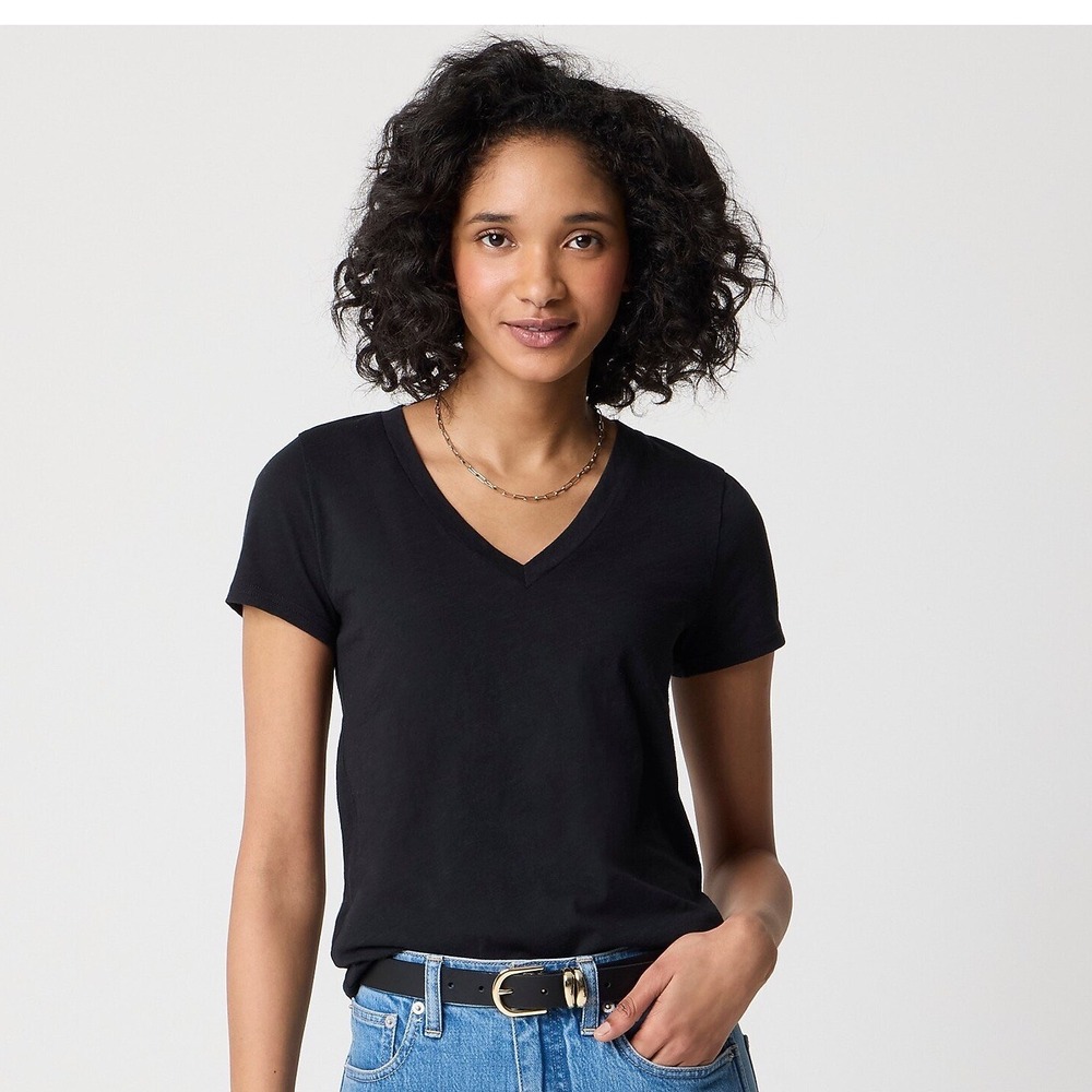 J.Crew Vintage Jersey V-Neck T-Shirt Cotton Jersey Womens L Black New With Tags